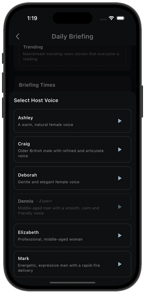 Selecting a host voice from a list of ten narrators