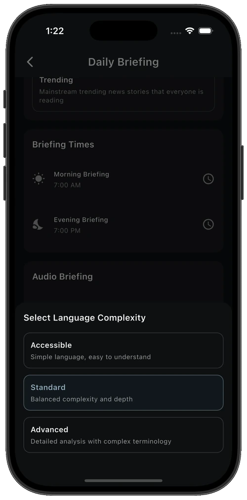 Setting language complexity to Accessible, Standard, or Advanced