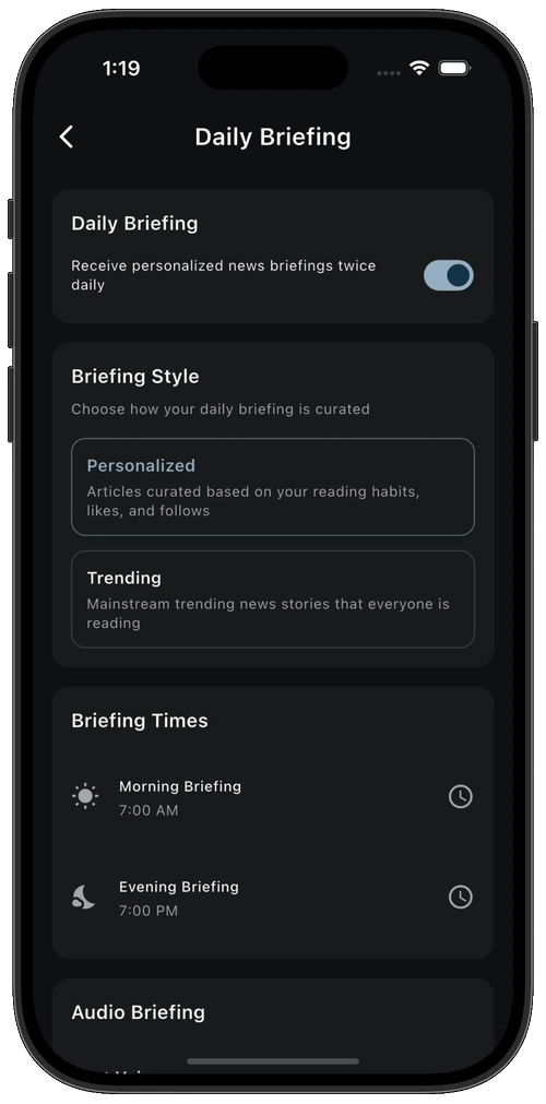 Briefing Style settings toggling between Personalized and Trending stories