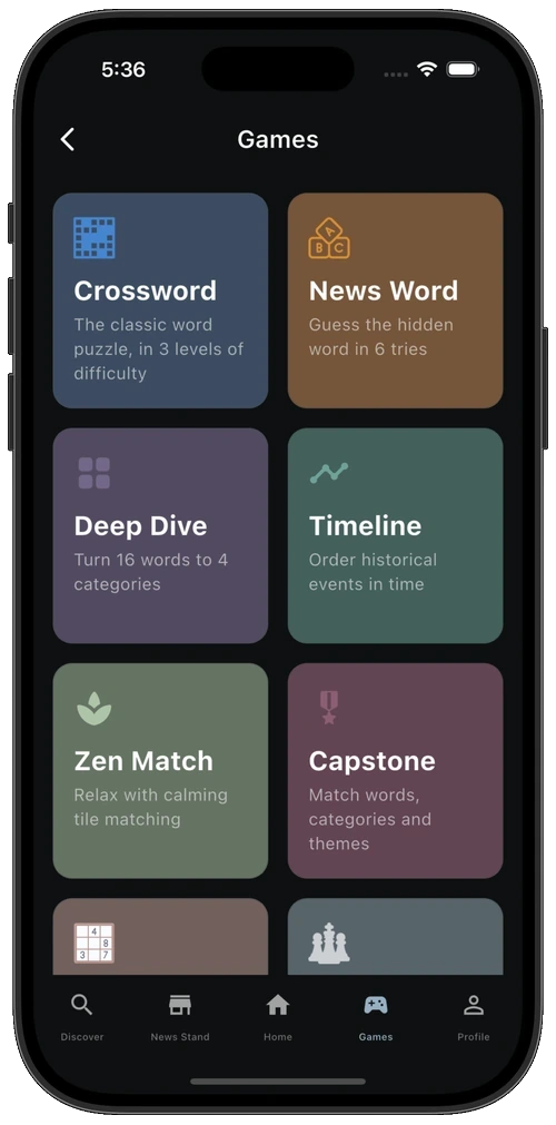 Games hub with brain games and news puzzles like Crossword and News Word