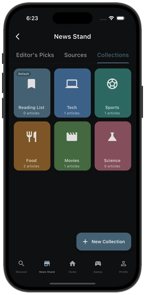 News Stand Collections organizing saved stories into folders like Tech and Sports