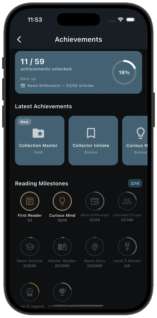Achievements screen with unlocked badges and reading milestones
