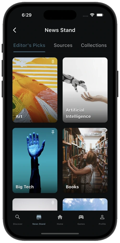 News Stand Editor's Picks with a grid of curated topic covers