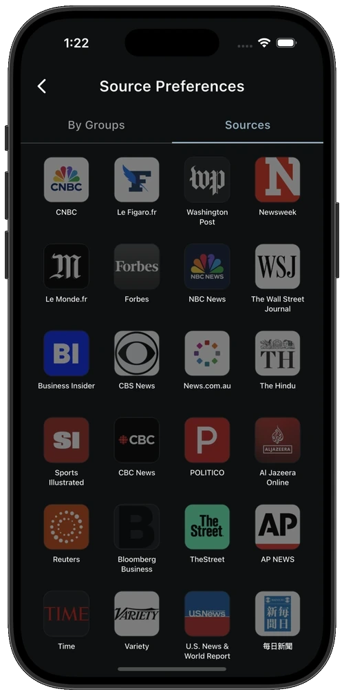 Source Preferences screen showing a grid of news source logos to enable or disable