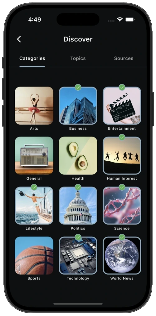 Discover screen with selectable news categories such as Arts, Business and Science