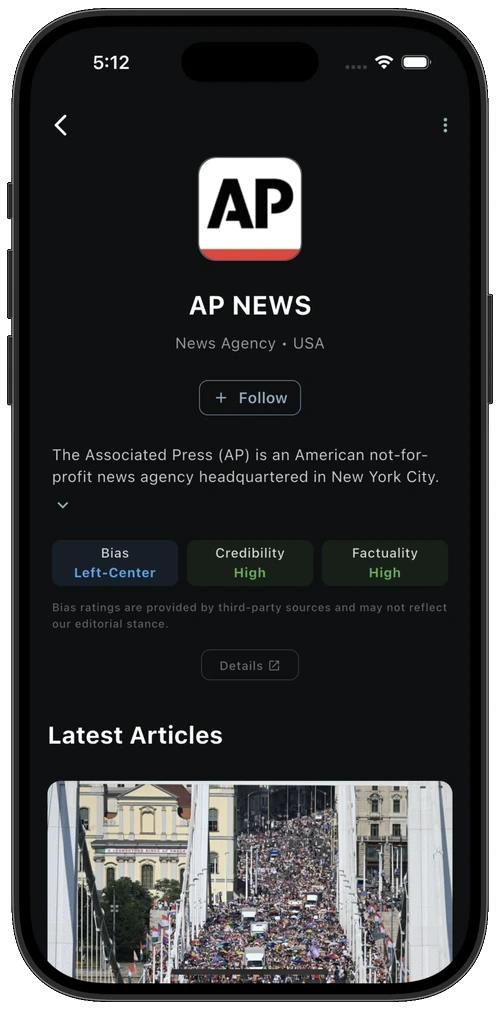 Source detail page for AP News showing bias, credibility and factuality ratings