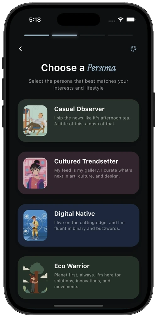 Onboarding screen to choose a reading persona that matches your interests