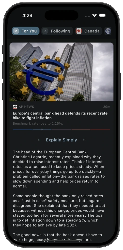 Article view using Explain Simply to rewrite the story in plain language